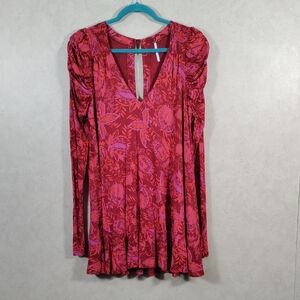 04176 Free People red Hello Lover long puff sleeve Tunic Mini Dress S